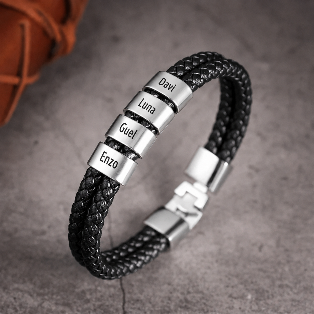 Pulseira de Couro Trançado Masculina Connection© com Gravação Personalizada
