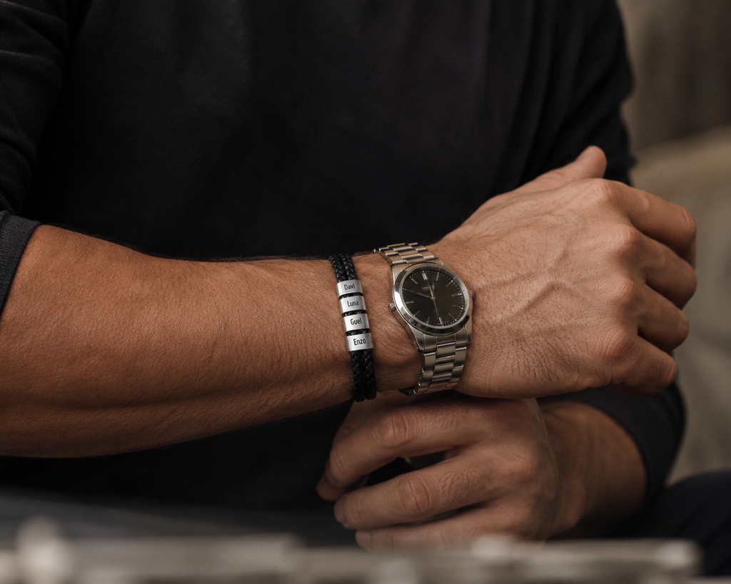 Pulseira de Couro Trançado Masculina Connection© com Gravação Personalizada
