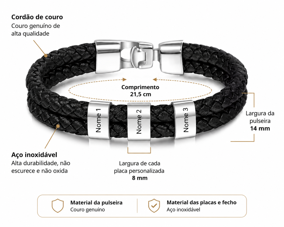 Pulseira de Couro Trançado Masculina Connection© com Gravação Personalizada