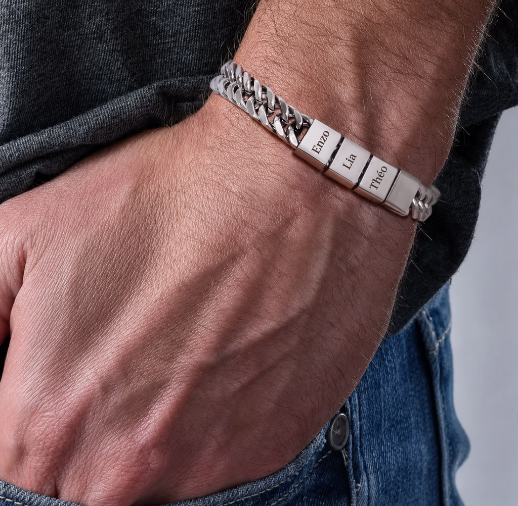 Pulseira Masculina Personalizada em Aço Inoxidável com Gravação a Laser