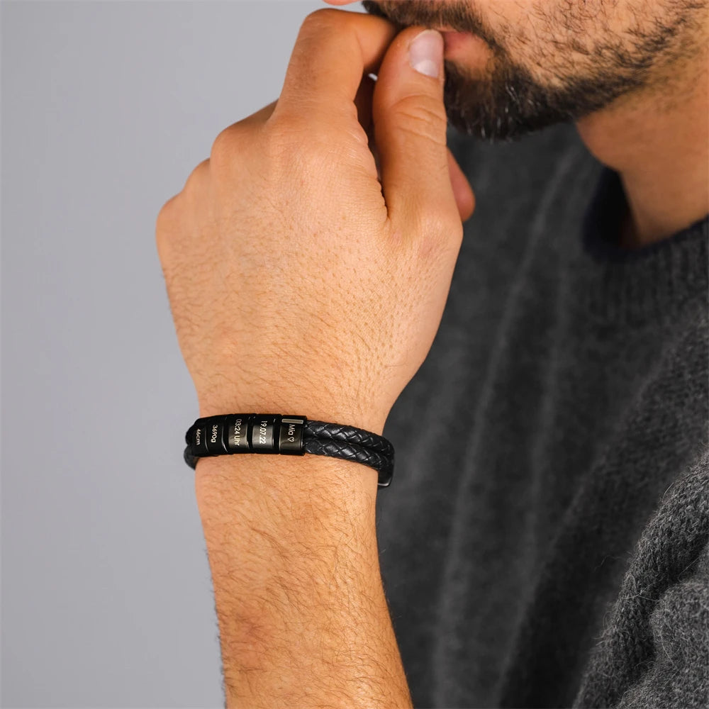 Pulseira de Couro Trançado Masculina Connection© com Gravação Personalizada